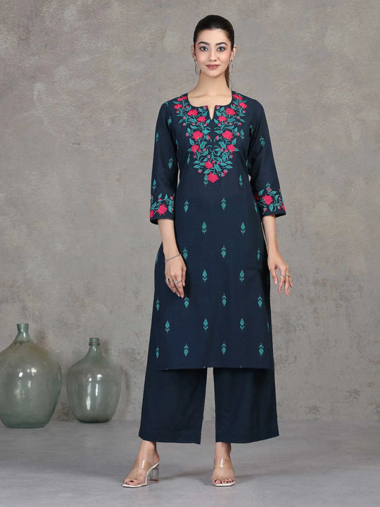 Navy Blue Embroidered Straight Cotton Co-ord Set