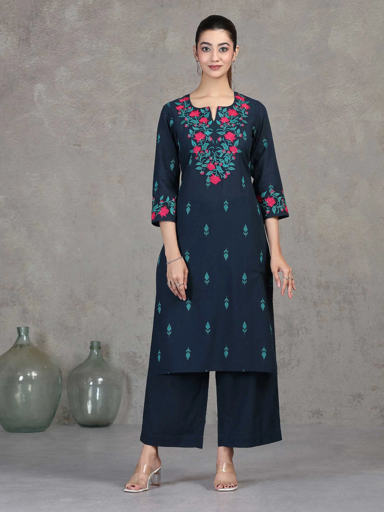 Navy Blue Embroidered Straight Cotton Co-ord Set