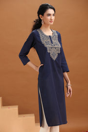 Navy Blue Embroidered Cotton Straight Kurta