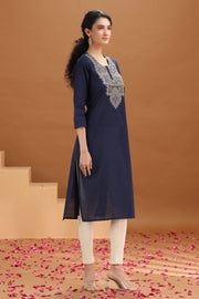 Navy Blue Embroidered Cotton Straight Kurta