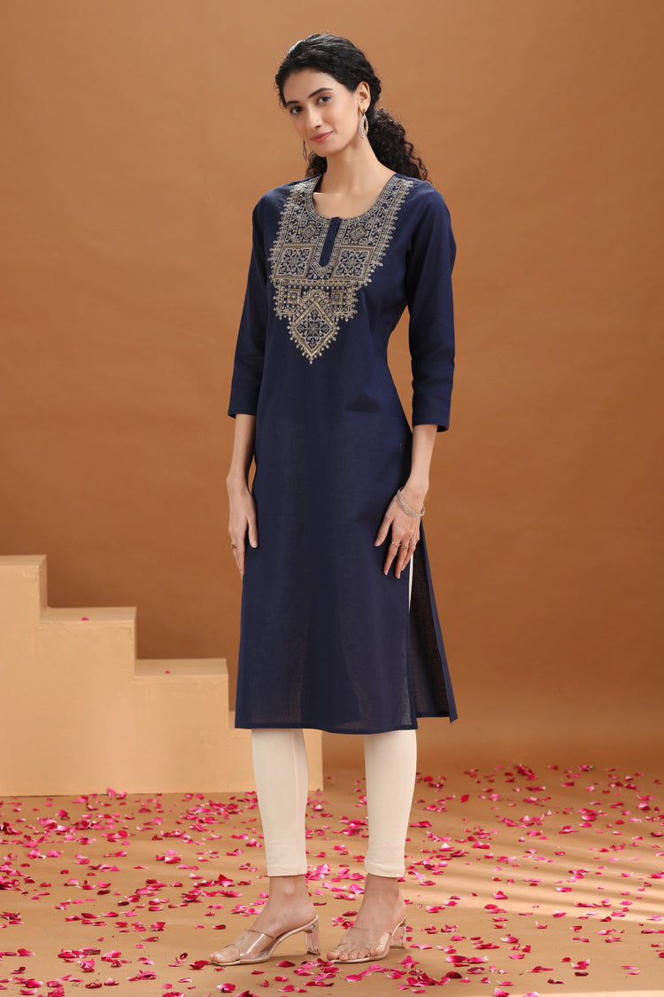 Navy Blue Embroidered Cotton Straight Kurta