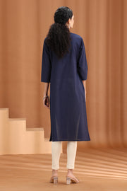 Navy Blue Embroidered Cotton Straight Kurta