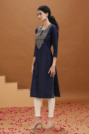 Navy Blue Embroidered Cotton Straight Kurta