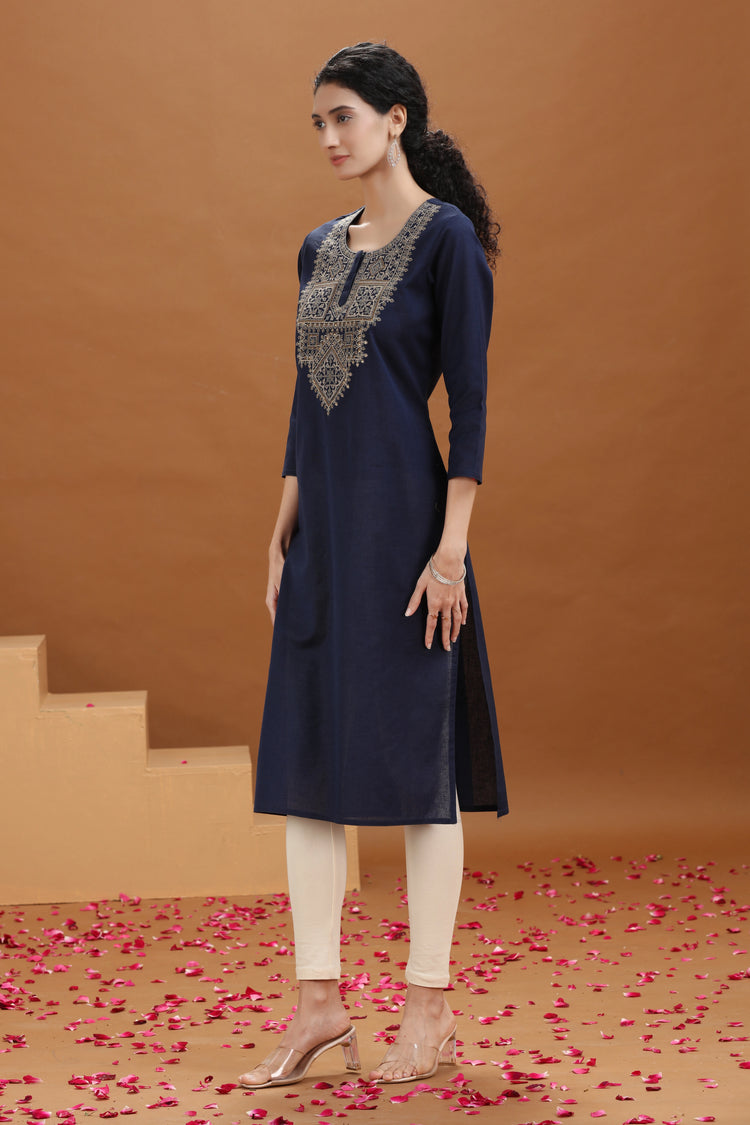 Navy Blue Embroidered Cotton Straight Kurta