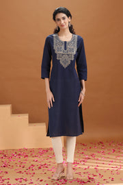 Navy Blue Embroidered Cotton Straight Kurta
