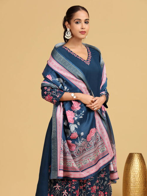 Navy Blue Floral Embroidered A-Line Ethnic Set