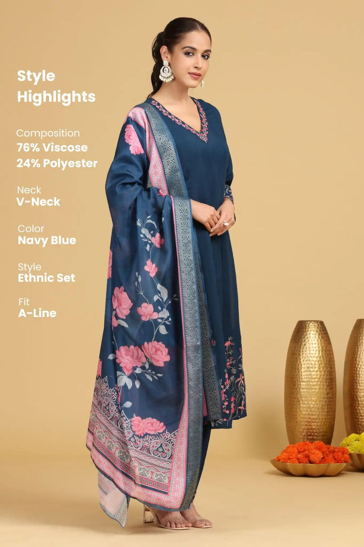 Navy Blue Floral Embroidered A-Line Ethnic Set