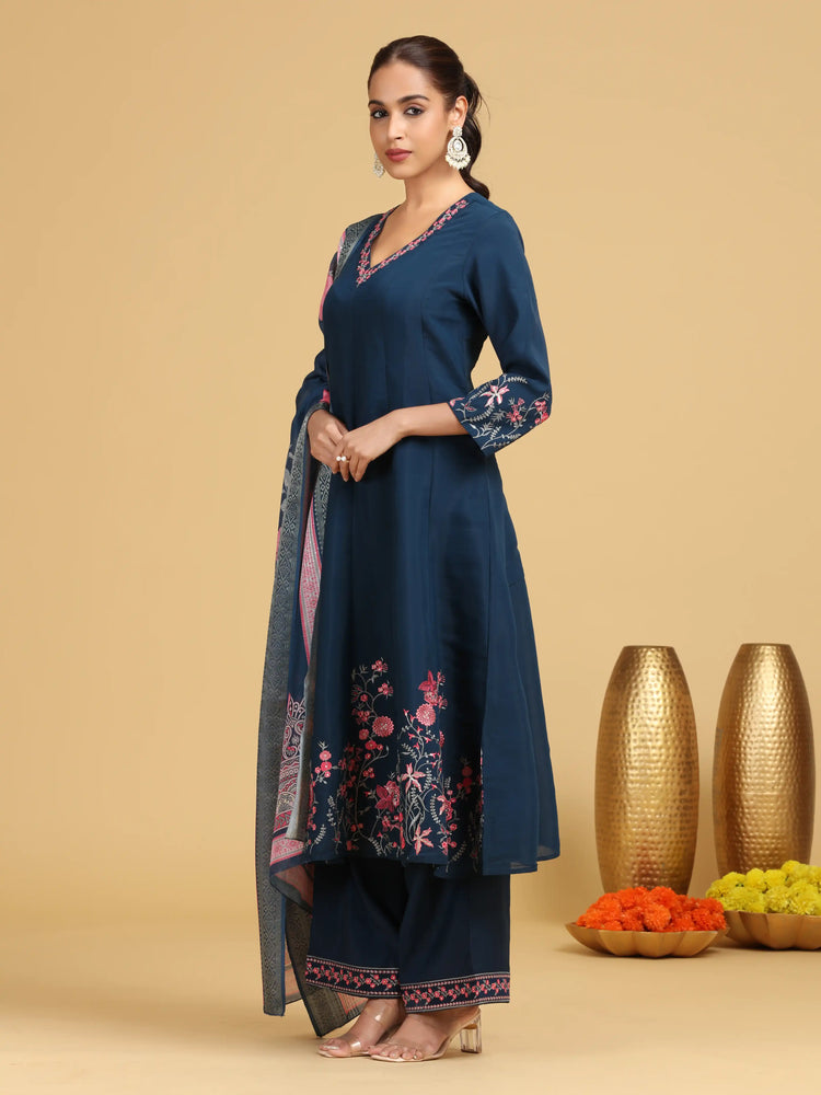 Navy Blue Floral Embroidered A-Line Ethnic Set