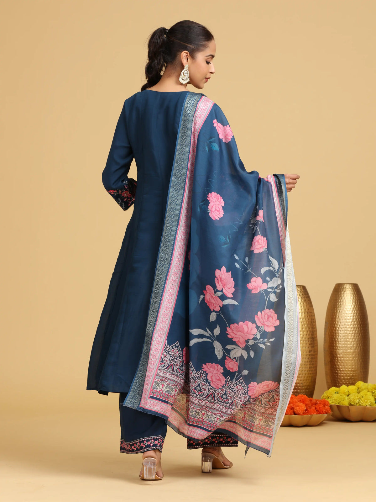 Navy Blue Floral Embroidered A-Line Ethnic Set
