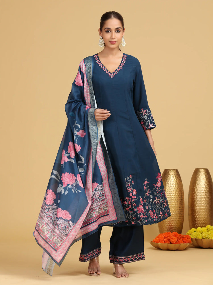 Navy Blue Floral Embroidered A-Line Ethnic Set