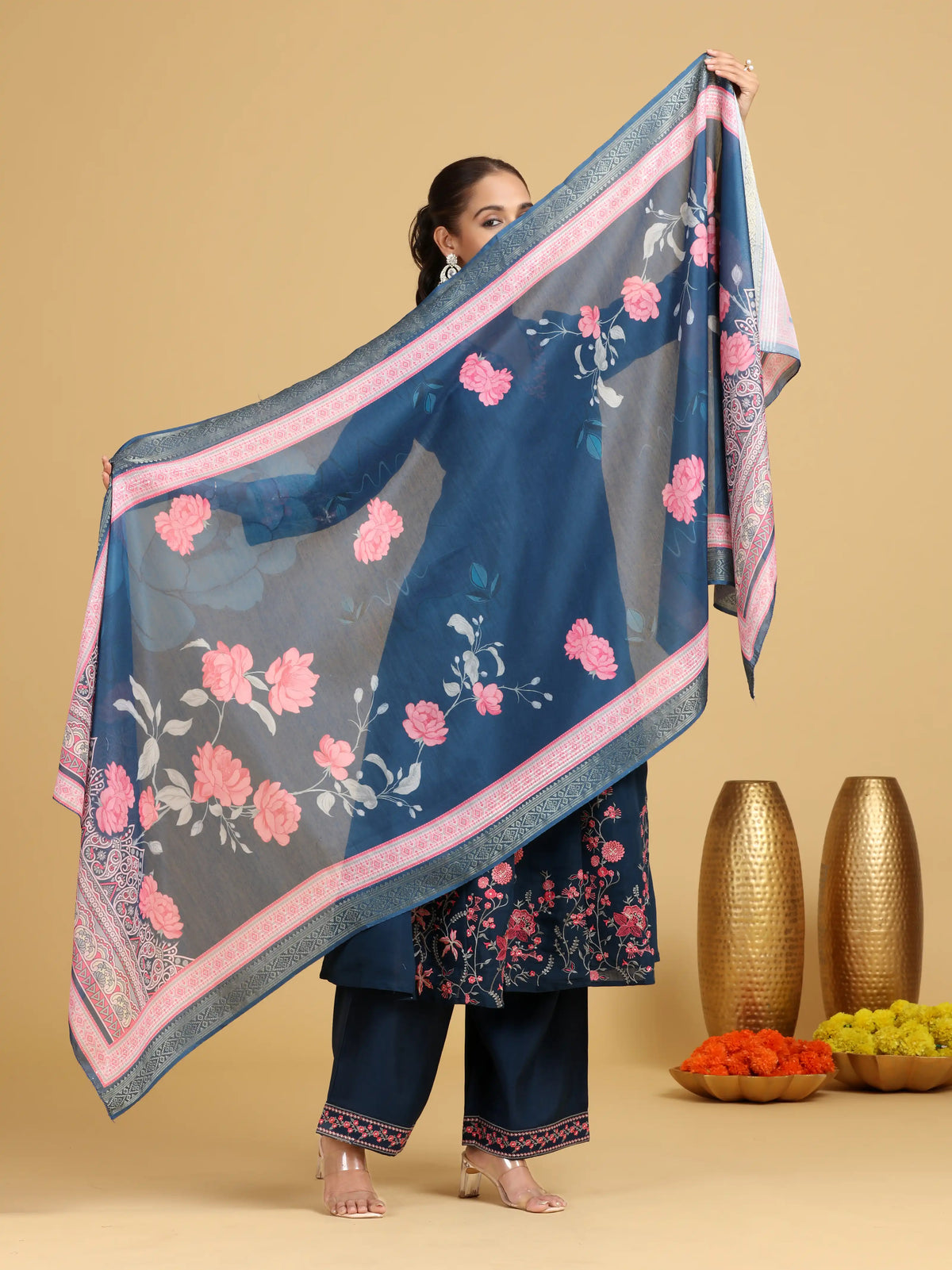 Navy Blue Floral Embroidered A-Line Ethnic Set