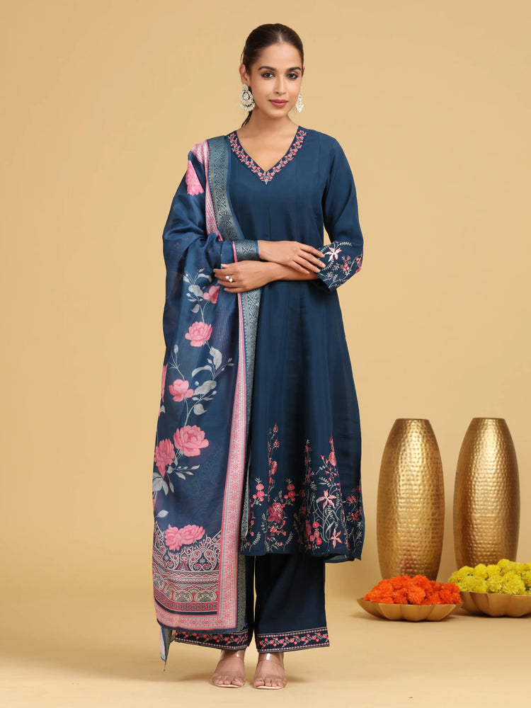 Navy Blue Floral Embroidered A-Line Ethnic Set