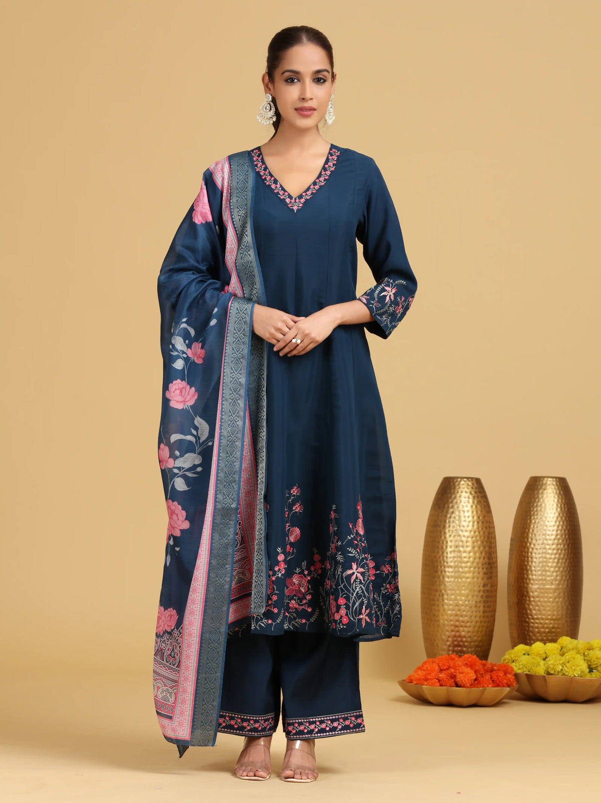 Navy Blue Floral Embroidered A-Line Ethnic Set