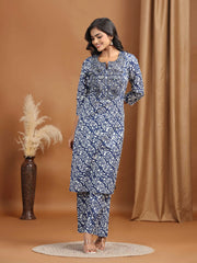 Navy Blue Floral Embroidered Cotton Straight Co-ord Set