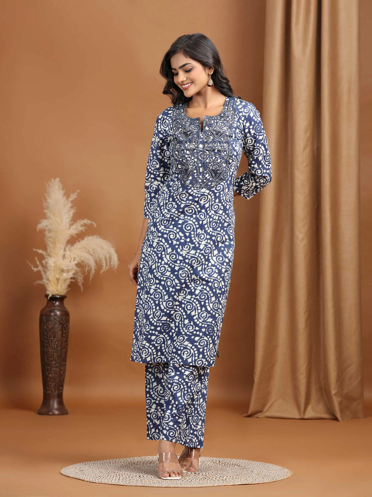 Navy Blue Floral Embroidered Cotton Straight Co-ord Set