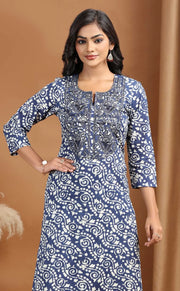 Navy Blue Floral Embroidered Cotton Straight Co-ord Set