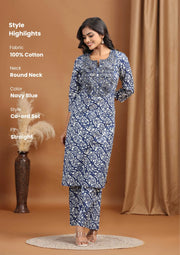 Navy Blue Floral Embroidered Cotton Straight Co-ord Set