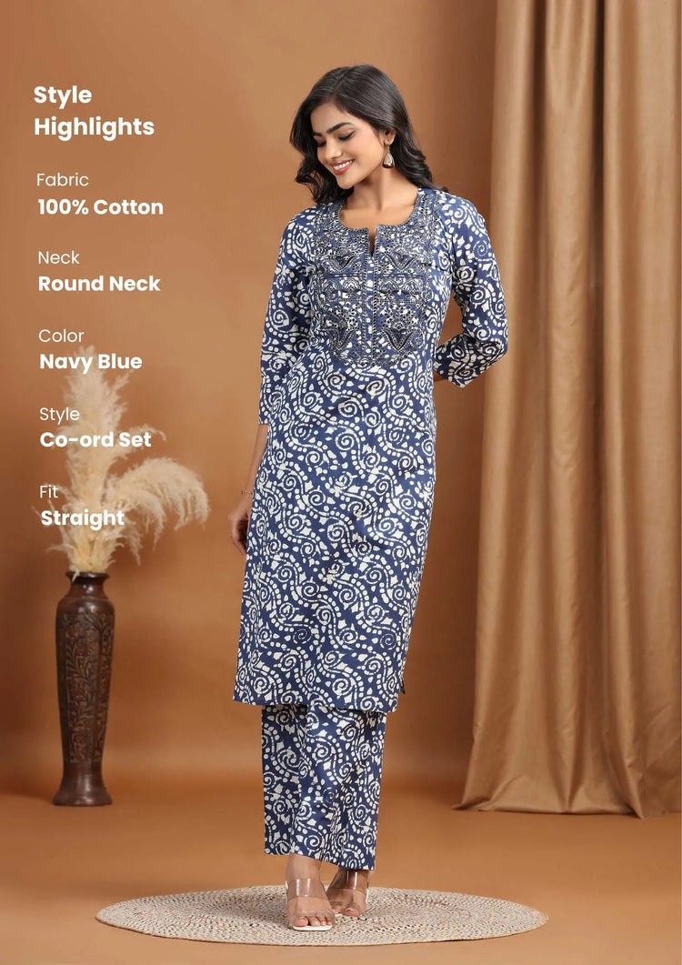 Navy Blue Floral Embroidered Cotton Straight Co-ord Set