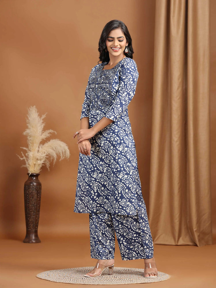 Navy Blue Floral Embroidered Cotton Straight Co-ord Set