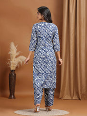Navy Blue Floral Embroidered Cotton Straight Co-ord Set