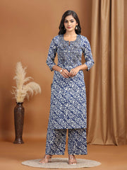 Navy Blue Floral Embroidered Cotton Straight Co-ord Set