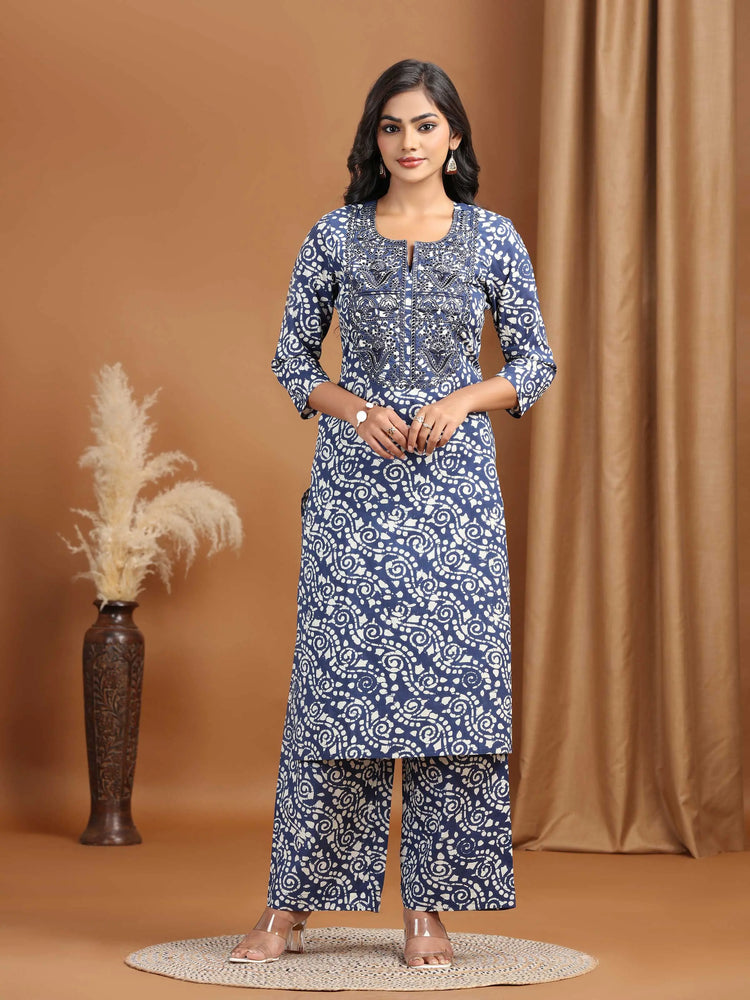 Navy Blue Floral Embroidered Cotton Straight Co-ord Set