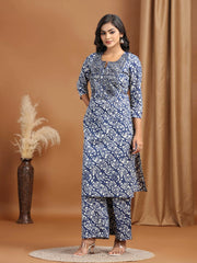 Navy Blue Floral Embroidered Cotton Straight Co-ord Set