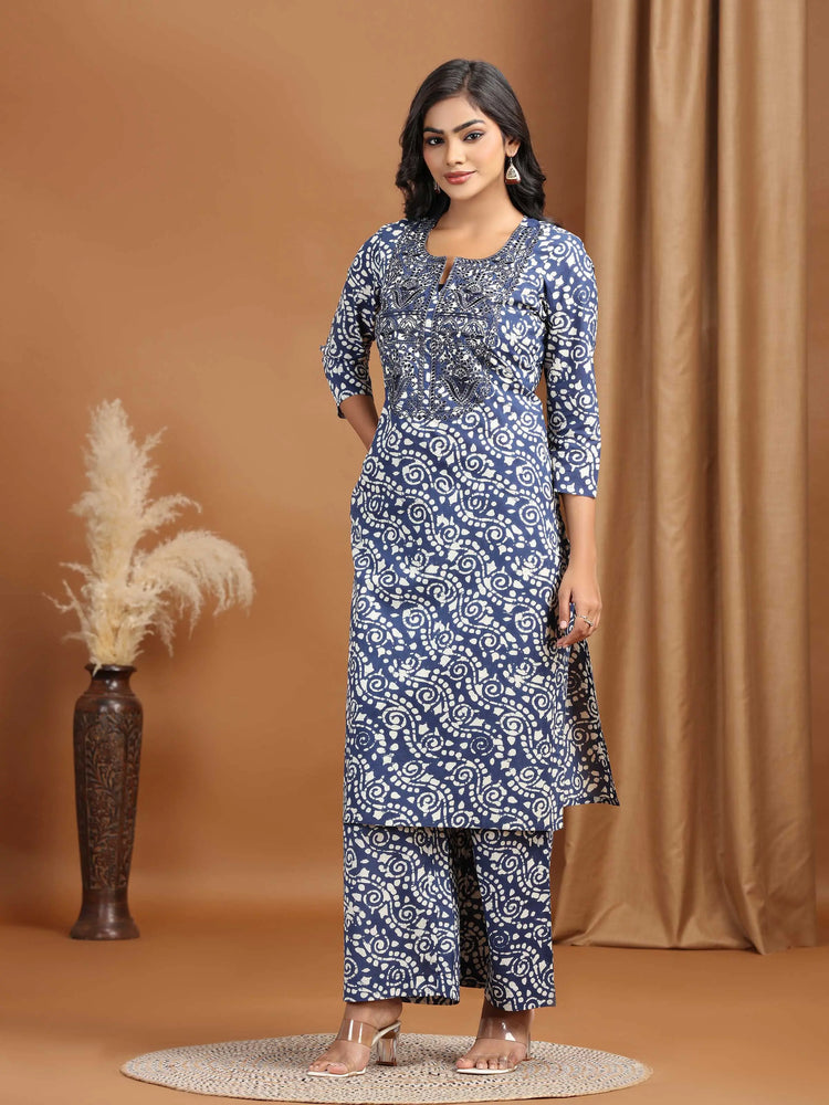 Navy Blue Floral Embroidered Cotton Straight Co-ord Set