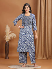 Navy Blue Floral Embroidered Cotton Straight Co-ord Set