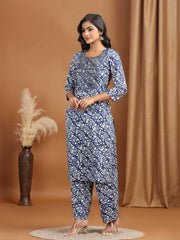 Navy Blue Floral Embroidered Cotton Straight Co-ord Set