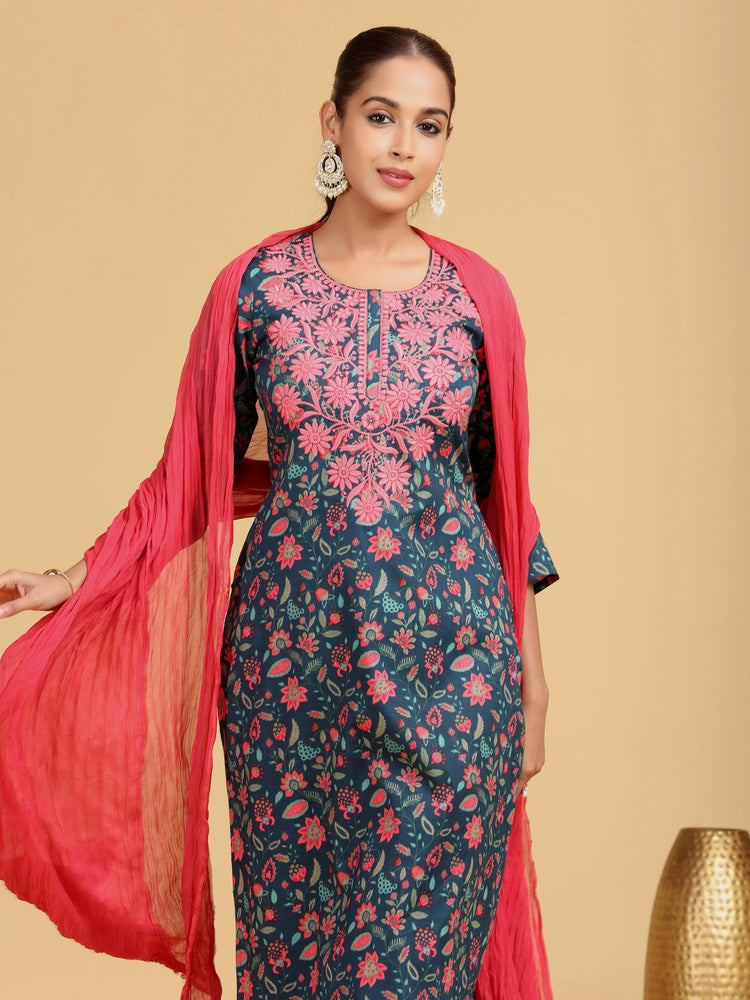 Navy Blue Floral Embroidered Straight Co-ord Set