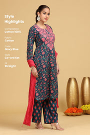 Navy Blue Floral Embroidered Straight Co-ord Set