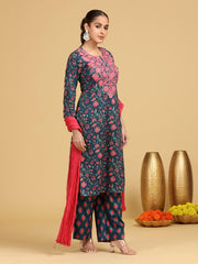 Navy Blue Floral Embroidered Straight Co-ord Set