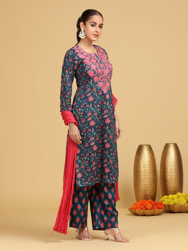 Navy Blue Floral Embroidered Straight Co-ord Set