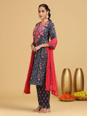 Navy Blue Floral Embroidered Straight Co-ord Set
