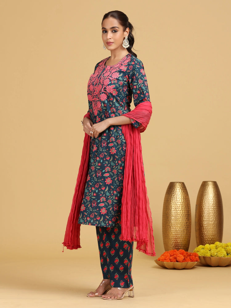 Navy Blue Floral Embroidered Straight Co-ord Set