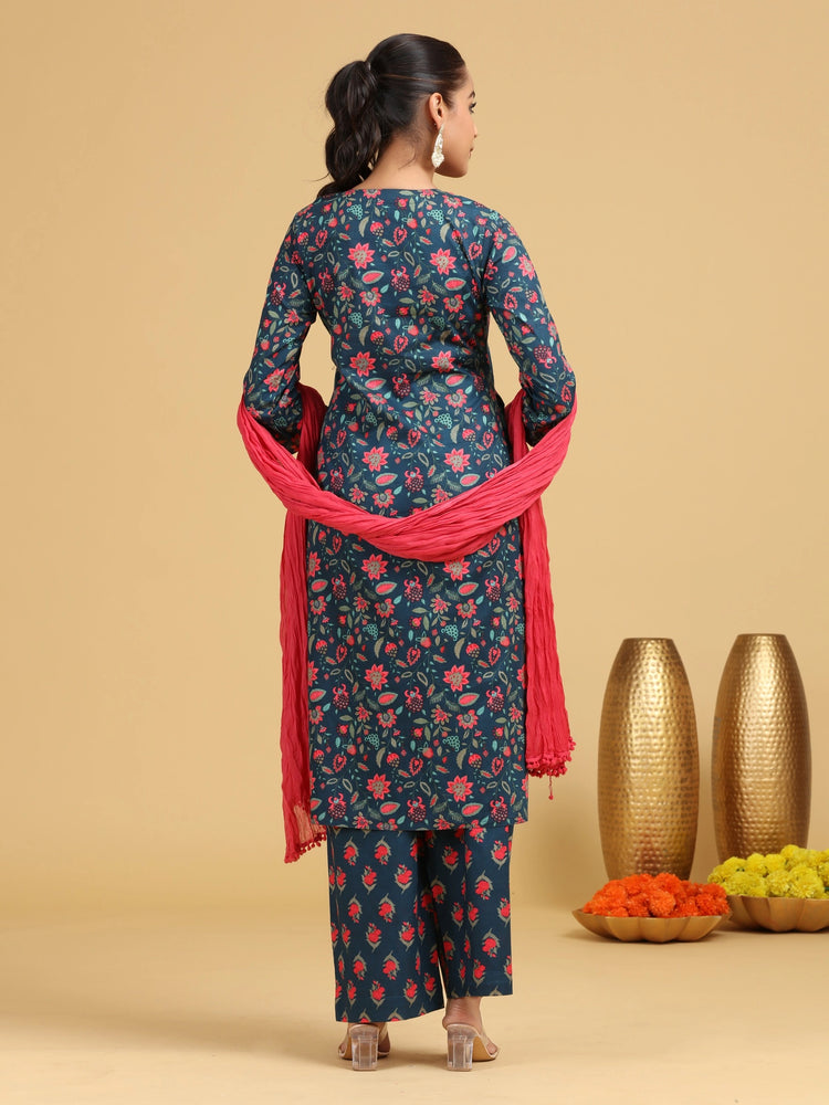 Navy Blue Floral Embroidered Straight Co-ord Set