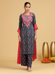 Navy Blue Floral Embroidered Straight Co-ord Set