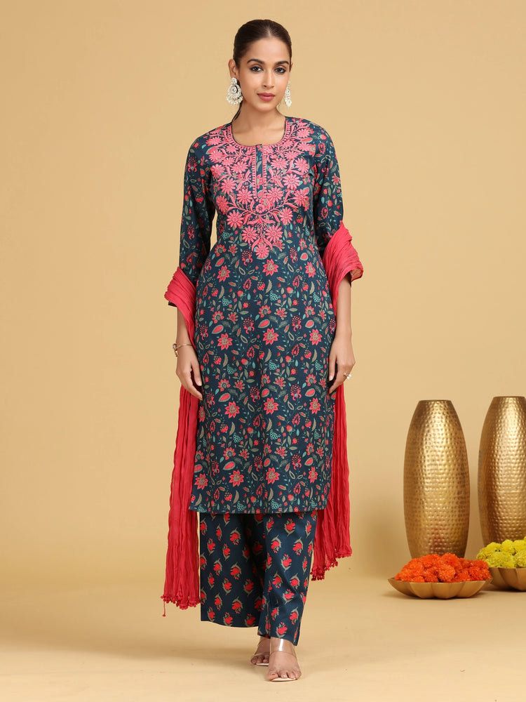 Navy Blue Floral Embroidered Straight Co-ord Set