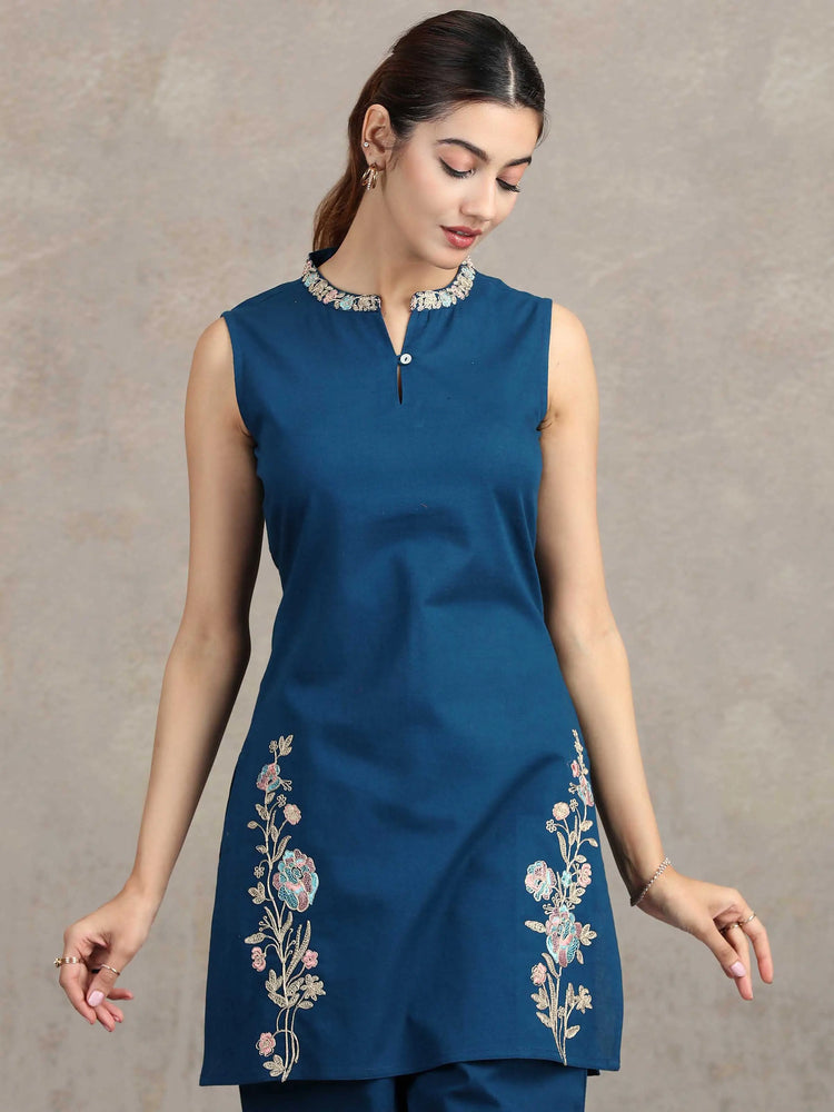 Navy Blue Floral Embroidered Straight Cotton Co-ord Set
