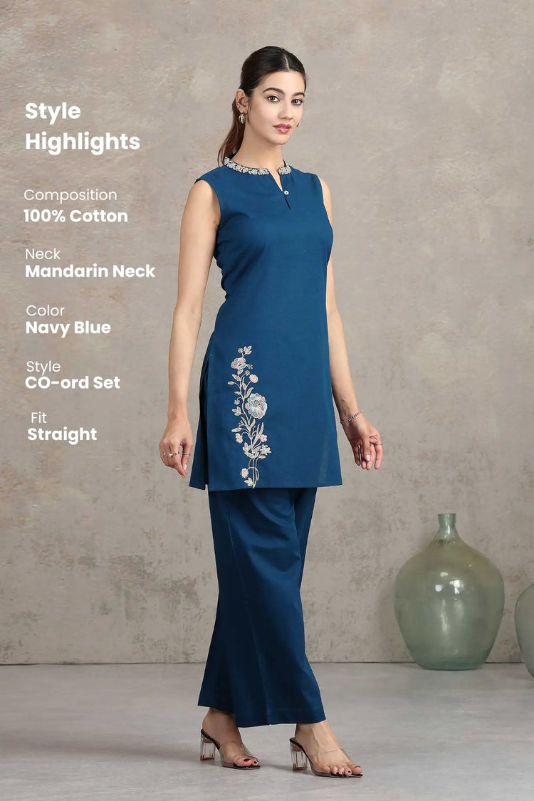 Navy Blue Floral Embroidered Straight Cotton Co-ord Set