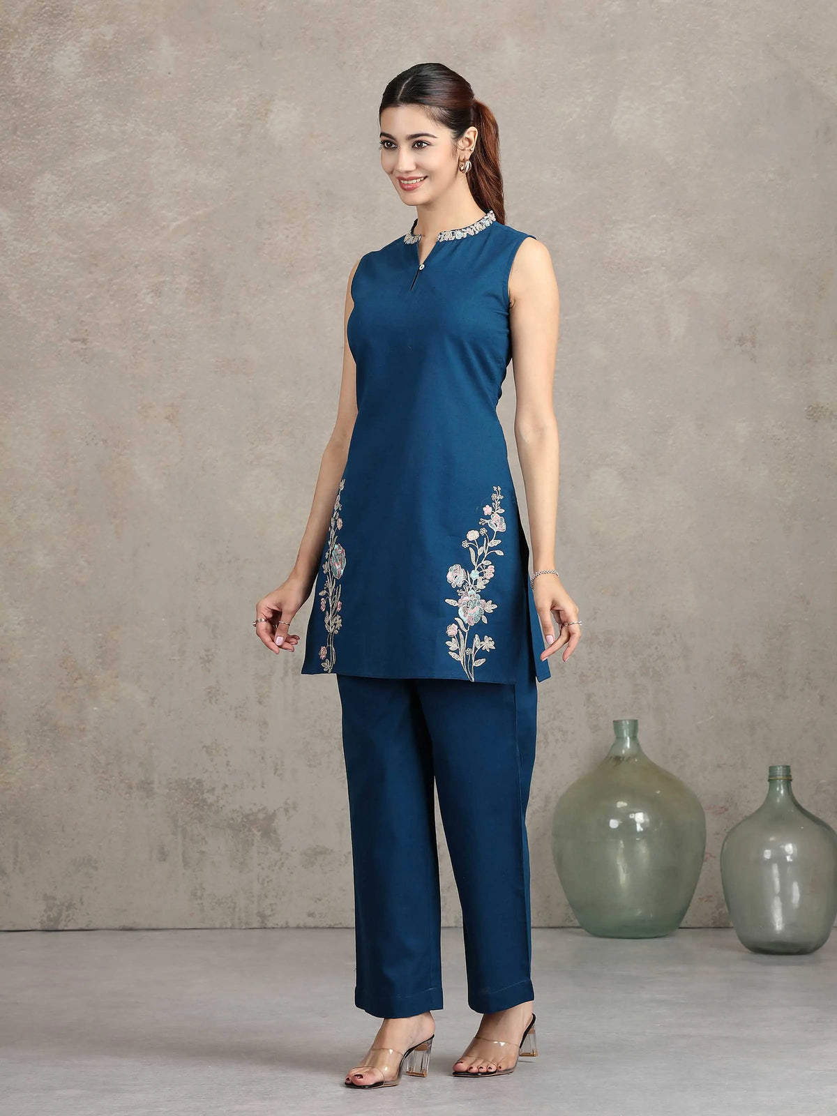 Navy Blue Floral Embroidered Straight Cotton Co-ord Set
