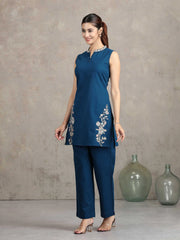 Navy Blue Floral Embroidered Straight Cotton Co-ord Set