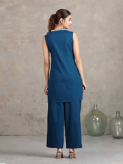 Navy Blue Floral Embroidered Straight Cotton Co-ord Set