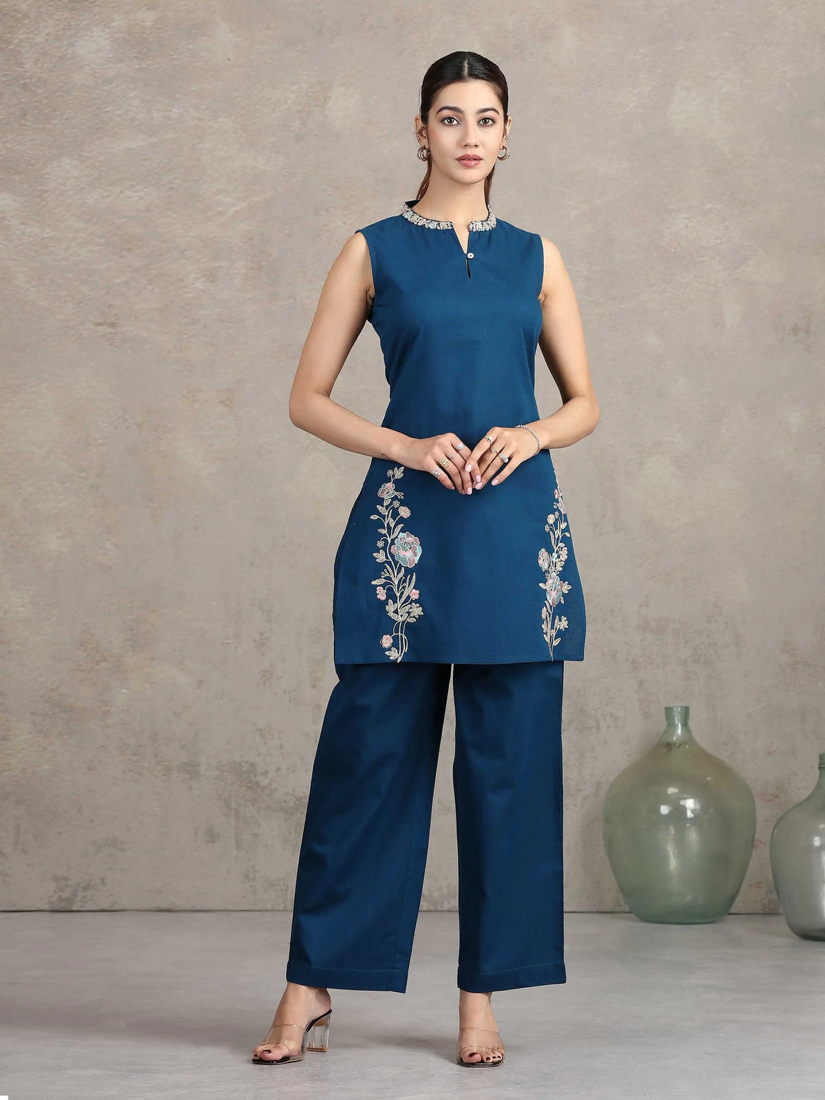 Navy Blue Floral Embroidered Straight Cotton Co-ord Set
