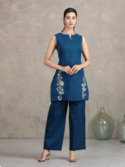 Navy Blue Floral Embroidered Straight Cotton Co-ord Set