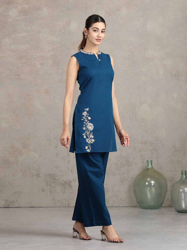 Navy Blue Floral Embroidered Straight Cotton Co-ord Set