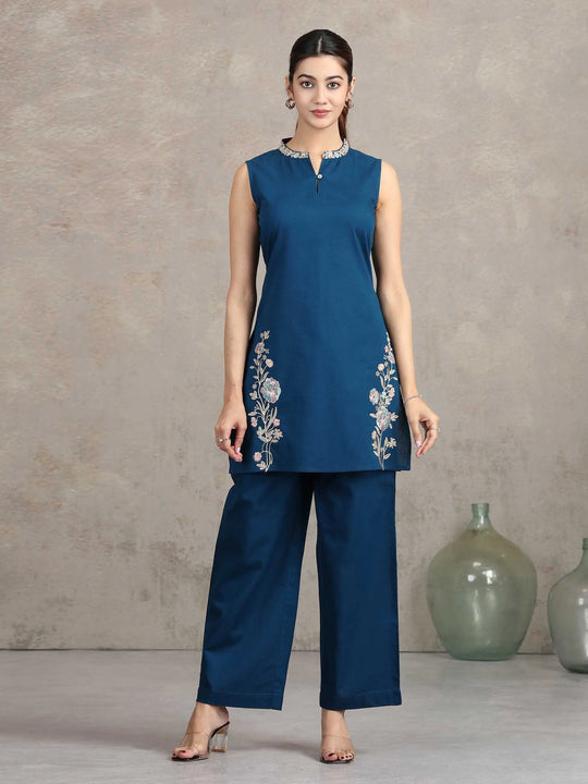 Navy Blue Floral Embroidered Straight Cotton Co-ord Set