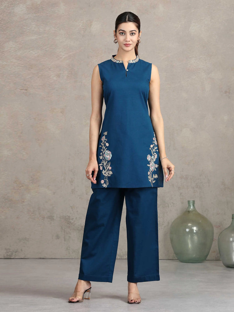Navy Blue Floral Embroidered Straight Cotton Co-ord Set