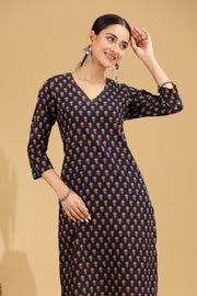 Navy Blue Floral Printed Cotton Straight Kurta